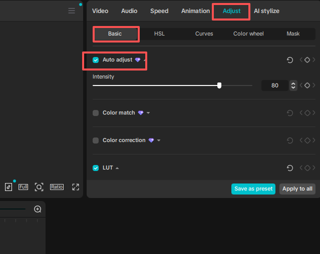 Choose "Auto Adjust", and CapCut will automatically enhance your video’s colors.