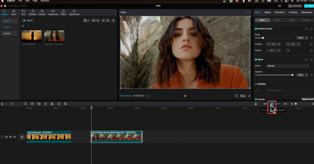 how to turn off snapping in capcut pc